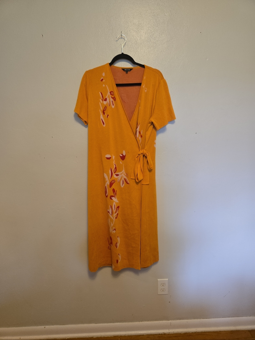 Misook Floral Embroidery Wrap Knit Maxi Dress Yellow L